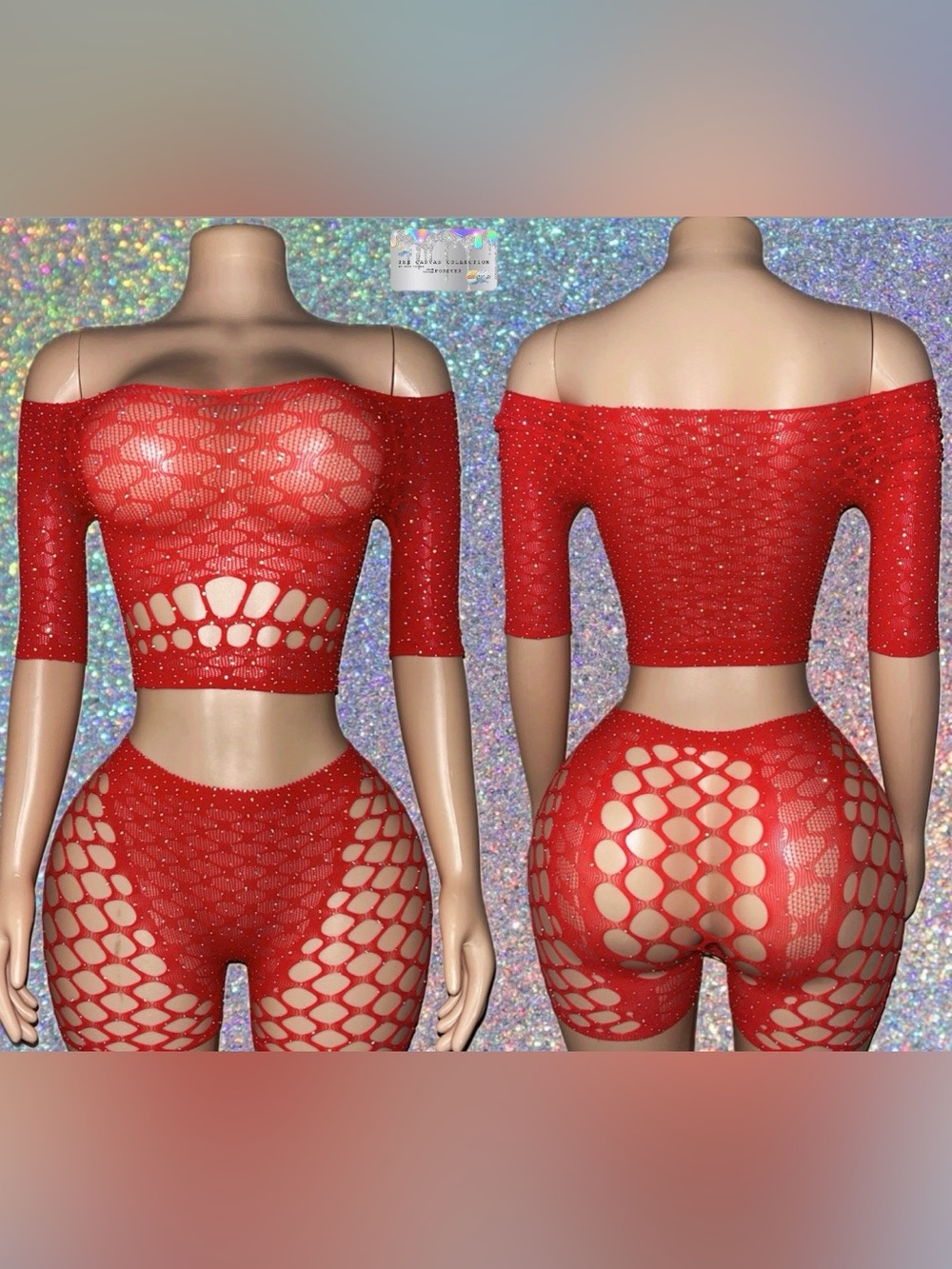DANCEWEAR: Red Off-Shoulder Fishnet Two-Piece Set with matching pasties
